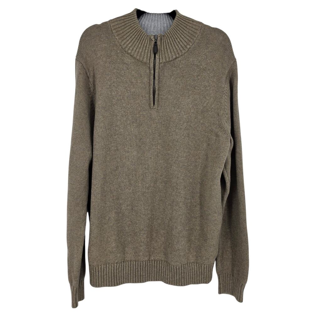 L.L. Bean Light Brown Cotton Knit Mock Neck Quarter Zip Pullover Sweater Size L